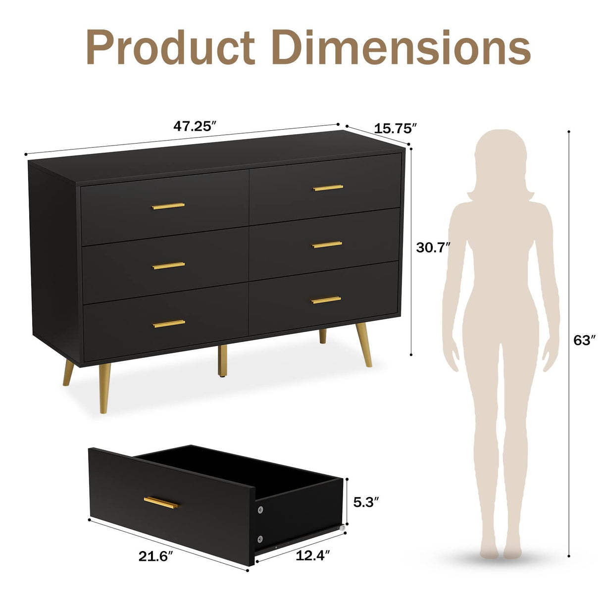 RESOM Black 6 Drawer Dresser for Bedroom, Wooden Black Double Dresser with Gold Handles, Modern Chest Dresser with Deep Drawers for Living Room, Hallway RESOM