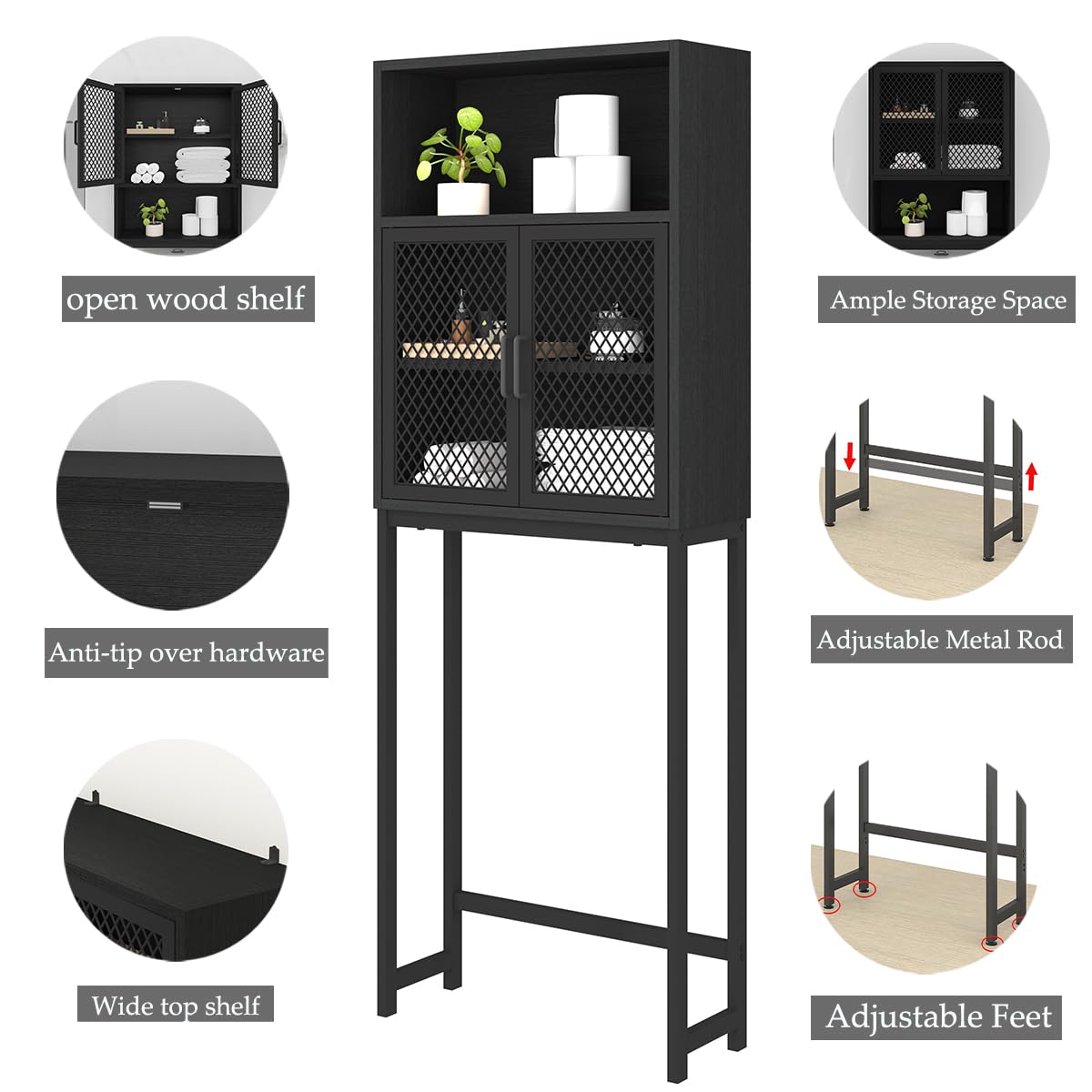 Launica Bathroom Organizer Over Toilet, Wood Metal Bathroom Over The Toilet Storage, Industrial Bathroom Space Saver Shelf Over Toilet, Freestanding Bathroom Cabinet Above Toilet wtih Rack, Black Oak Launica