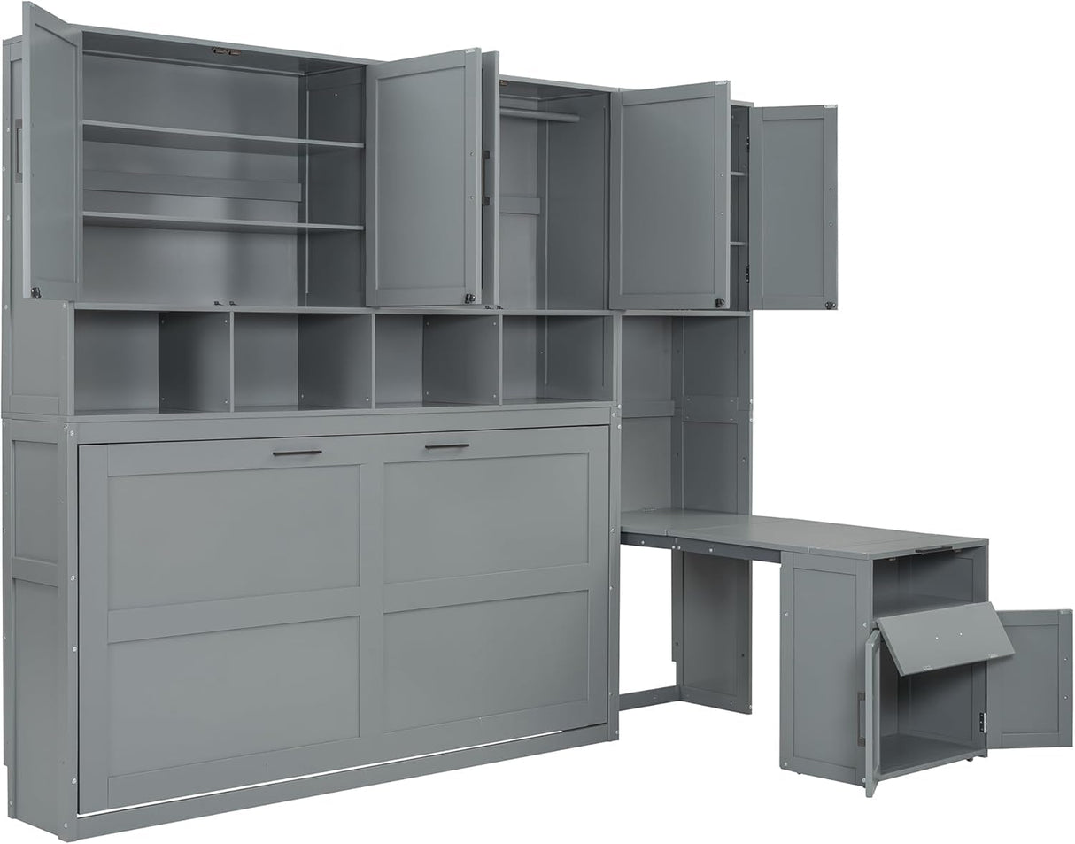 Virubi Twin Horizontal Murphy Bed with Desk and Wardrobe Closet,Wood Twin Folding Murphy Wall Bed with Storage Shelves Cabinets and Drawers for Adult (Grey) Virubi