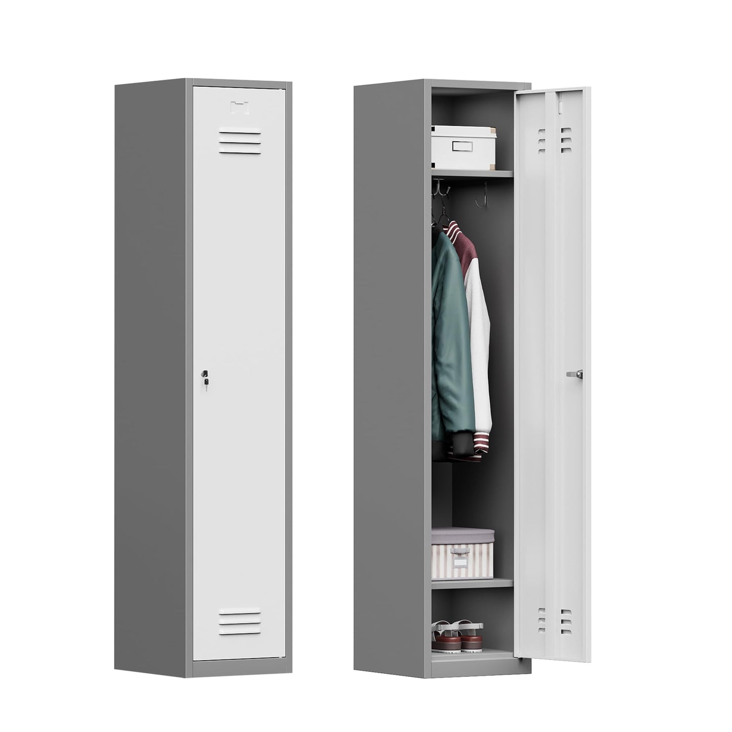 Topass Metal Lockers for Employees with Keys, 71" Tall Steel Storage Cabinet with Lockable Door, Metal Storage Locker for School Office Gym (1-Door, Grey&White)