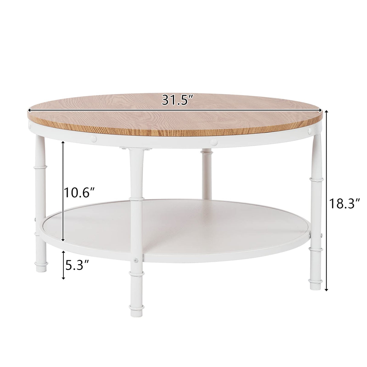 VINGLI 31.5" Natural White Round Farmhouse Coffee Table, 2-Tier Storage Wood Center Circle Accent Table for Living Room, Bedroom, Apartment, Studio and Small Spaces, Sturdy Metal Frame, Natural Color VINGLI