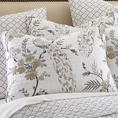 Levtex Home Pisa Reversible Full/Queen Quilt Set (88x92in) with 2 Pillow Shams (26x20in) - Floral Peacock - Grey, Taupe - 100% Cotton Full/Queen Size Quilt Bedding Set - Lightweight, Soft, Pre-Washed Levtex Home
