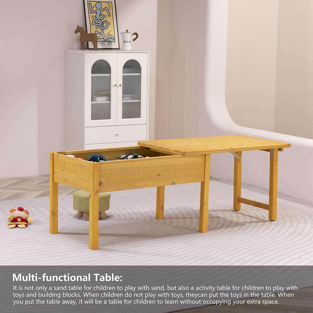 BIRASIL Wooden Kids Sensory Tables with Folding Lid, Activity Table for Children, Elevated Play Tables with Storage for Indoor Outdoor, Yellow BIRASIL