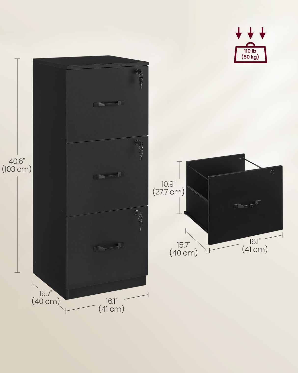 VASAGLE 3 Drawer File Cabinet, File Cabinet with Lock, Printer Stand, Office Filing Cabinet Organizer, for A4 and Letter Size Files, Ink Black UOFC055B16 VASAGLE