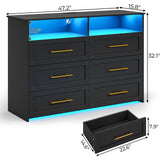 MSmask Black Dresser with LED Lights and Charging Station, Chest of 6 Drawers for Bedroom, Wood Dressers with Open Storage, Closet Organizer for Bedroom, Living Room, Entryway MSmask