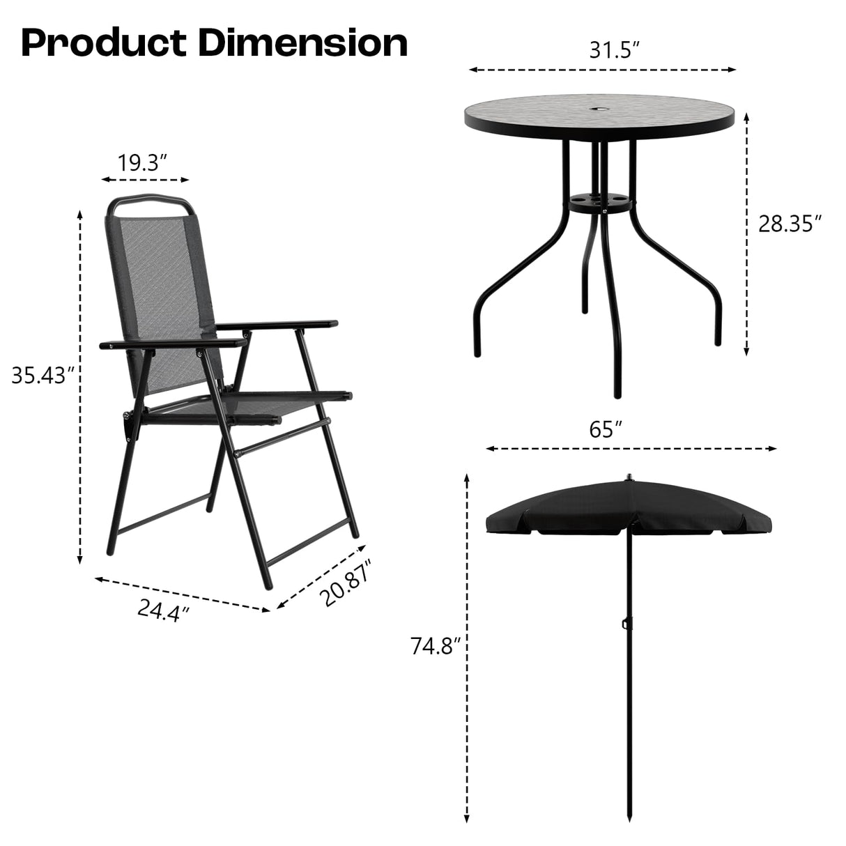 PUKAMI 6 Piece Folding Patio Dining Set with Umbrella, Outdoor Table and Chair with 4 Dining Chairs and Round Glass Table for Garden, Backyard and Deck, Black PUKAMI
