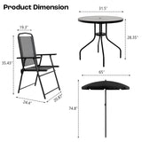 PUKAMI 6 Piece Folding Patio Dining Set with Umbrella, Outdoor Table and Chair with 4 Dining Chairs and Round Glass Table for Garden, Backyard and Deck, Black PUKAMI