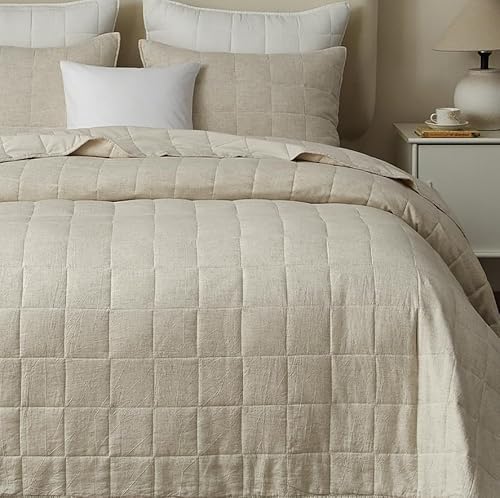Powdion French Linen Quilt King, Pre-Washed Linen Front and Cotton Back European Comforter, Lightweight Breathable Cotton Quilt King Size for All Season, 3 Pcs Box Stitch Beige King Quilt Powdion