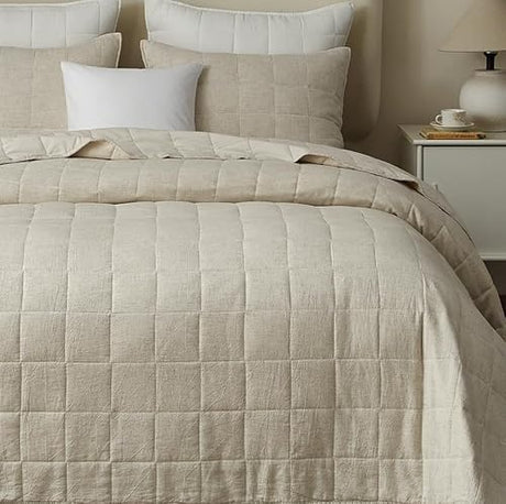 Powdion French Linen Quilt Queen, 100% Linen Front / 100% Cotton Back Pre-Washed Vintage Bedding for All Season, Oversized European 3 Pieces Stitch Bedspread Powdion