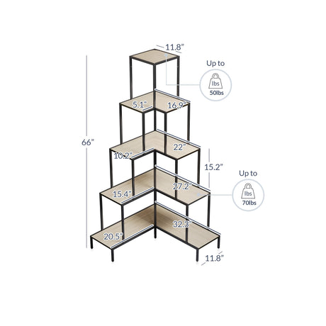 BELLEZE 5-Tier L-Shaped Corner Bookshelf with RGB Lighting & Remote Control, 66" Tall Display and Storage Rack in Nature Finish BELLEZE