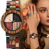 Tiong Ladies Plaid Wood Design Watch Lightweight Wooden Watches with Adjustable Strap and Stainless Steel Buckle Quartz Watches for Women Tiong
