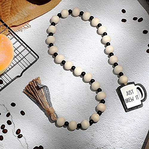 Jetec Coffee Wood Bead Garland with Tassel Coffee Bar Tiered Tray Decor Rustic Farmhouse Tiered Tray Home Decor Boho Beads Garland Kitchen Wall Rustic Coffee Bar Accessories(Simple Style) Jetec