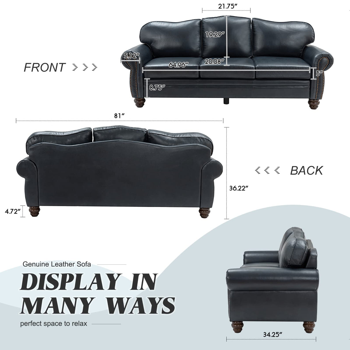 HULALA HOME 81'' Upholstered Leather Sofa with Removable Cushion, Mid-Century Modern Living Room 3-Seater Couch, Full Grain Leather Couch with Nailhead Trim and Rolled Arm for Bedroom Apartment, Navy HULALA HOME