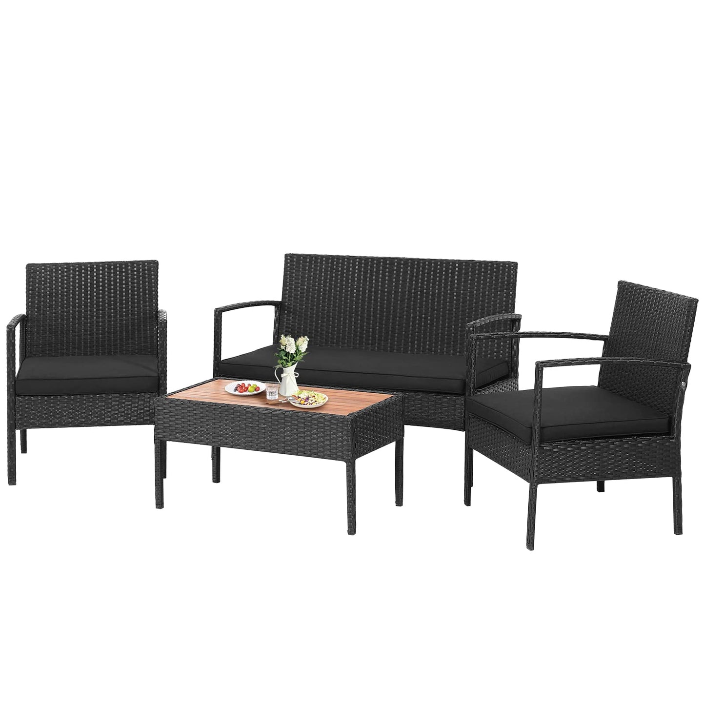 Tangkula 4 Piece Patio Rattan Conversation Set, Outdoor Wicker Sofa Furniture Set W/Loveseat & 2 Single Chairs, Acacia Wood Tabletop, Outside Sectional Set for Poolside, Deck, Garden (1, Black)