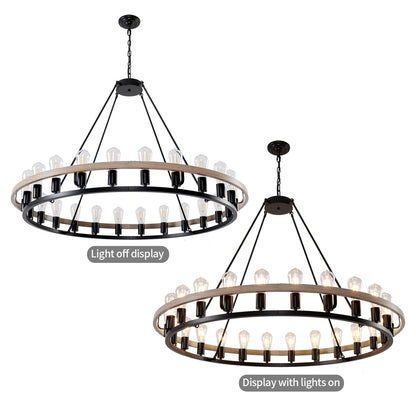 WOGON WEEL Wagon Wheel Chandelier 48-Inch 24-Light, Black and Oak Wood Tone Finish Round Rustic Farmhouse Chandelier Extra Large for High Ceilings, Living Room Foyer