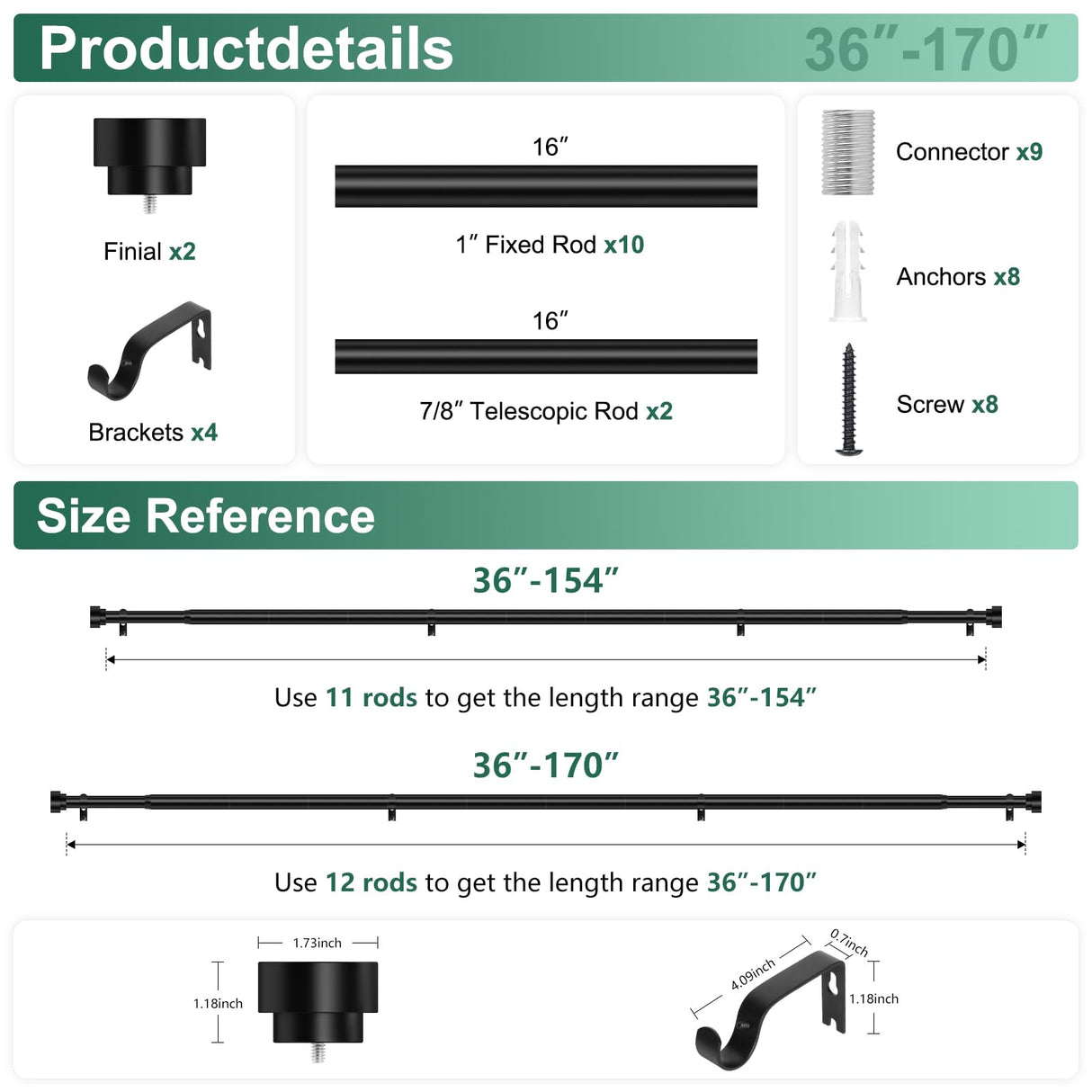 Extra Long Curtain Rods 120 to 170 Inch(10-14ft),1Inch Black Adjustable Extra Long Curtain Rod,Heavy Duty Decorative Window Curtains Rods for Bedroom,Long Curtain Rods 120-170 hei! dear