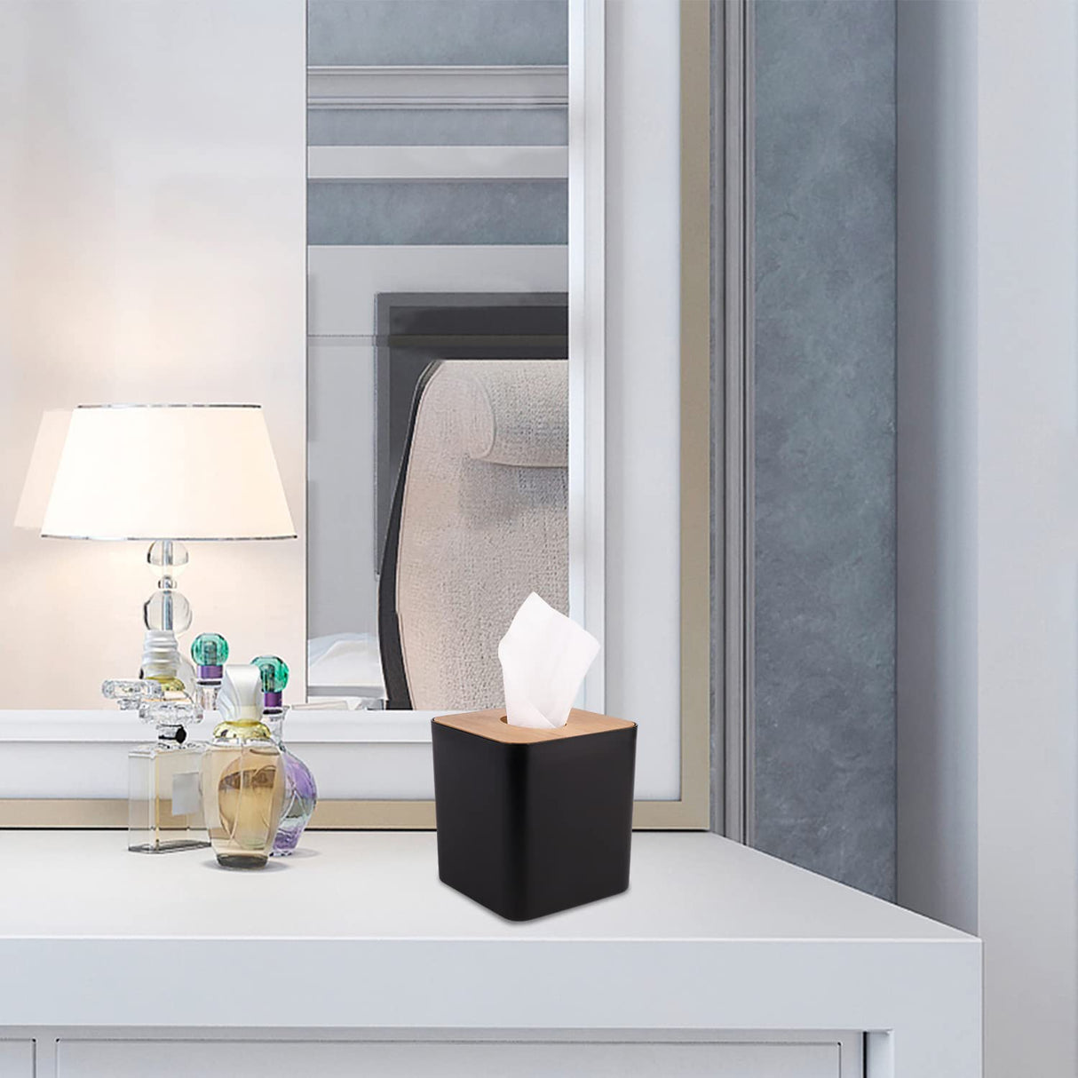 Tissue Box Cover,Tissue Holders,Tissue Box Holder for Bathrooms,Bamboo Cover Plate,Home and Office,5 * 5 * 5.4in (Black) MOCHTERO