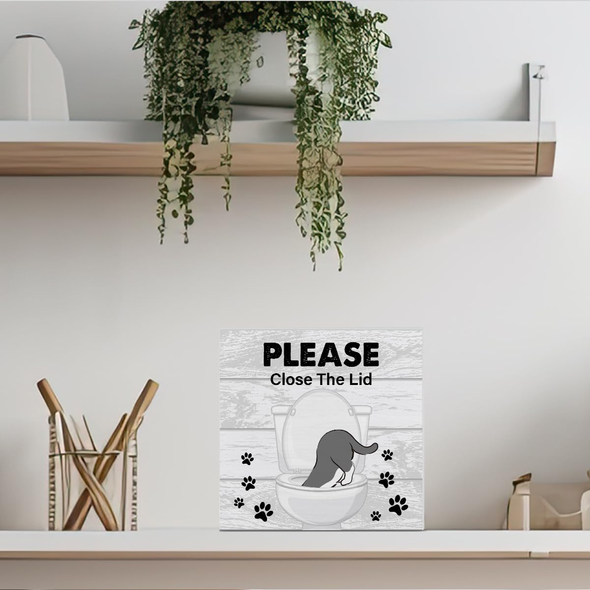 Bathroom Wooden Box Sign Home Decor Cat Bathroom Wood Sign Desk Decoration Please Close the Lid Wood Block Plaque Box Sign for Shelf Home Toilet 5 x 5 Inches YXSEZ