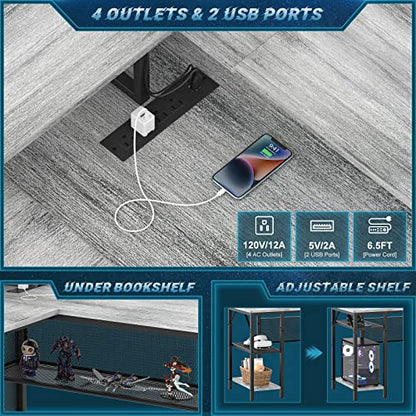 Unikito L-Shaped Computer Desk with Power Outlet, LED Strip, and Ergonomic Monitor Stand - White Oak - WoodArtSupply