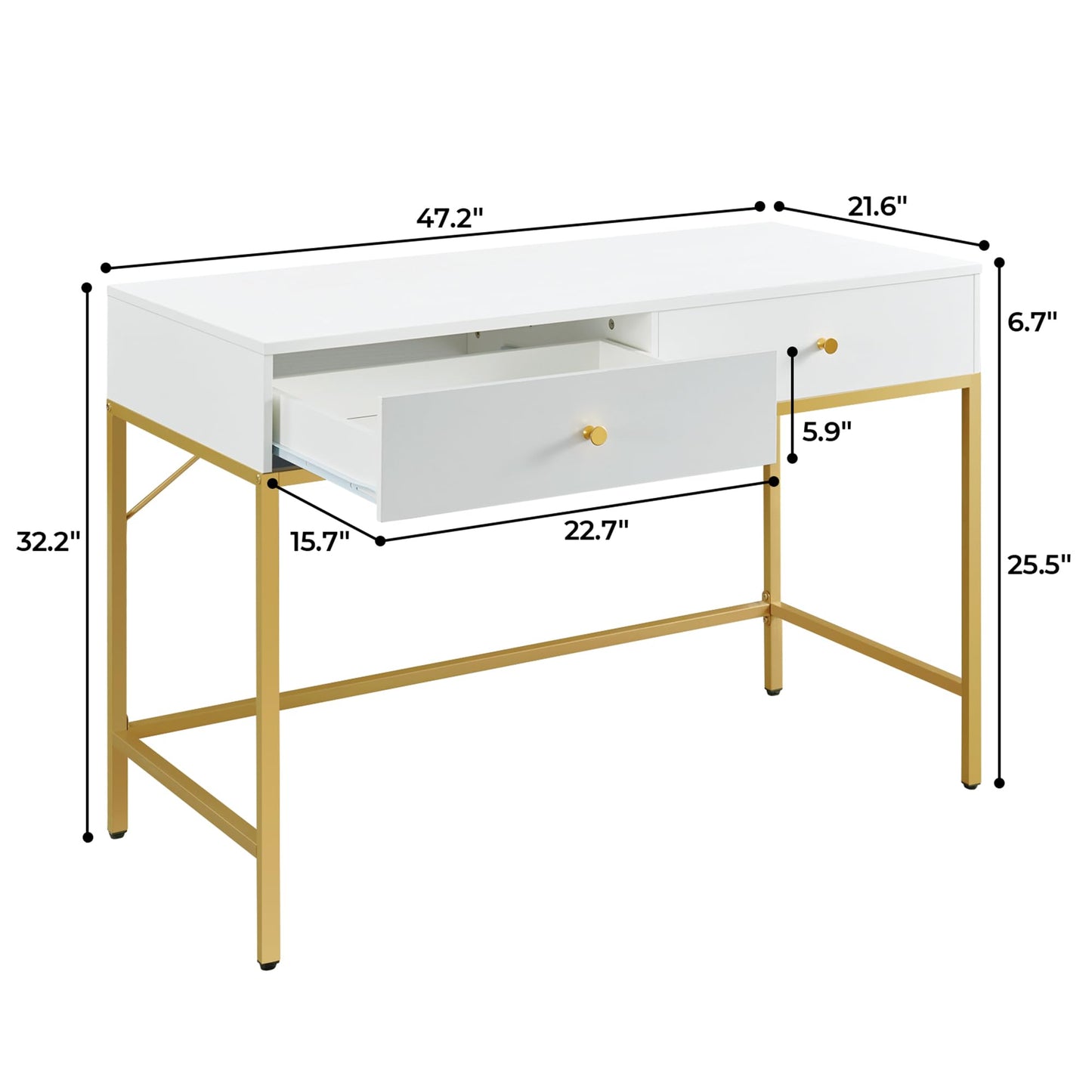 SUPERJARE Vanity Desk with Drawers, 47 inch Computer Desk, Modern Simple Home Office Desks, Makeup Dressing Table for Bedroom - White and Gold - WoodArtSupply