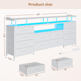 HAUOMS TV Stand Dresser for 65 Inch TV, 63" W Dresser with LED Lights & Charging Station, White Long Dresser with 12 Fabric Drawers, Entertainment Center with Shelves,for Living Room HAUOMS