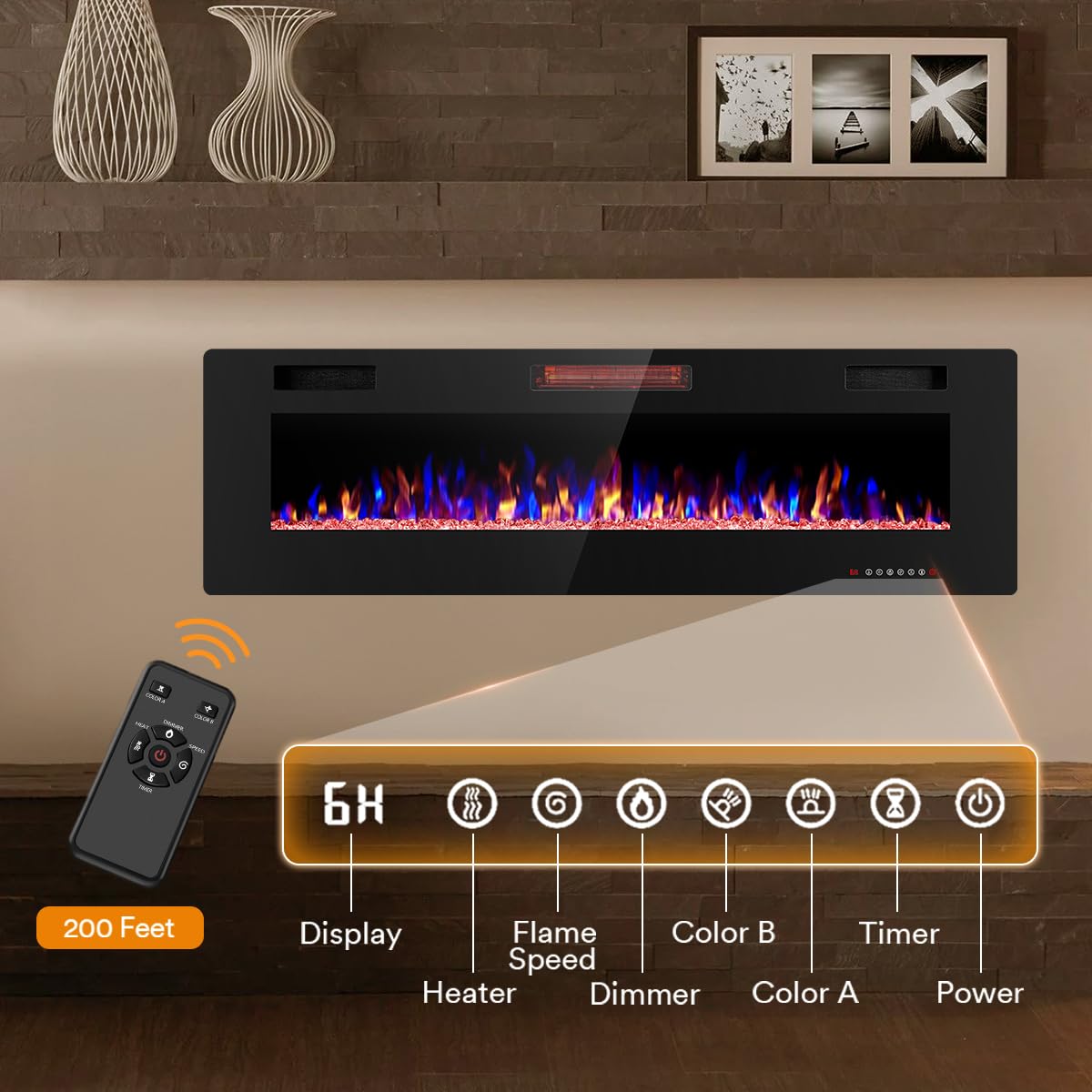 Joy Pebble 60 inch Electric Fireplace Inserts, in-Wall Recessed and Wall Mounted 750/1500W Fireplace Heater, Touch Screen, Remote Control with Timer, Adjustable Flame Color and Speed Joy Pebble