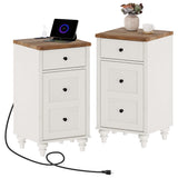 WAMPAT Set of 2 End Table with Charging Station, Wood Nightstands with Drawer and Storage Cabinet, Modern Side Tables Living Room Set of 2, Farmhouse Night Stands Bedside Table for Bedroom, White WAMPAT