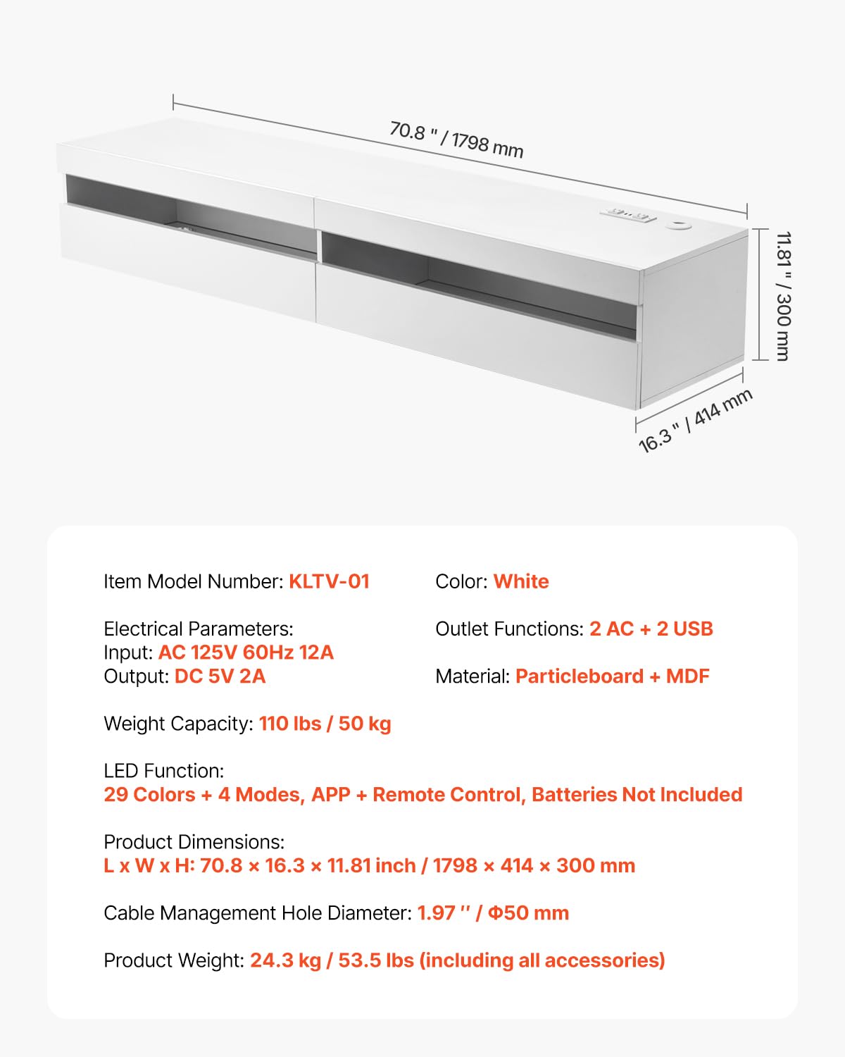 VEVOR Floating TV Stand, 71 in Wall Mount Entertainment Center with Power Outlet & LED Lights, Modern Floating TV Shelf with 2 Drawers & Storage Cabinet for DVD Player, Cable Box, Game Console, White VEVOR