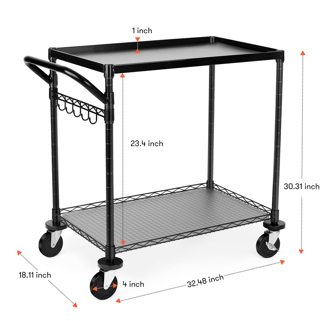 WDT 680Lbs Capacity Heavy Duty Rolling Utility Cart,2 Tier Rolling Carts with Wheels,Commercial Grade Metal Cart with Handle Bar & Shelf Liner,Trolley Serving Cart for Restaurant,Kitchen,Black WDT
