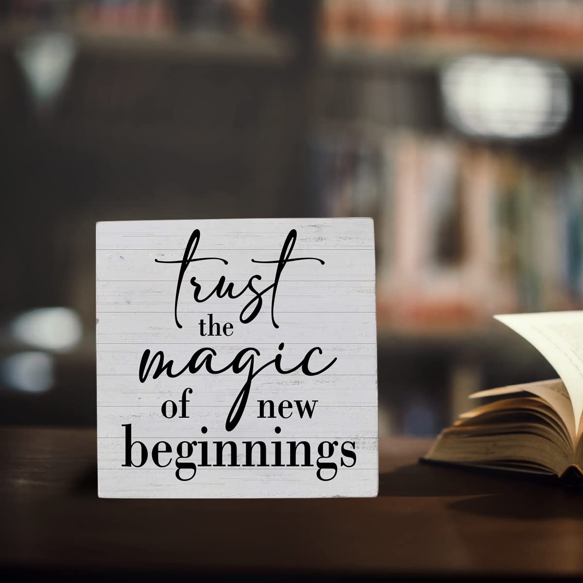 Inspirational Quotes Sign Desk Decor Wooden Box Sign Housewarming Gift Rustic Wood Block Plaque Box Sign for Home Farmhouse Office Kitchen Bathroom Shelf Table Decoration Magic of New Beginnings Sign HTBIG