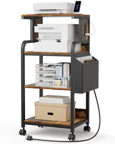 WTINAPIG Tall Printer Stand with Storage Adjustable Shelf and Bag, 4-Tier Large Printer Table with Charging Station for Home Office, Printer Cart with Wheels for 3D Printer Shredder Scanner Fax