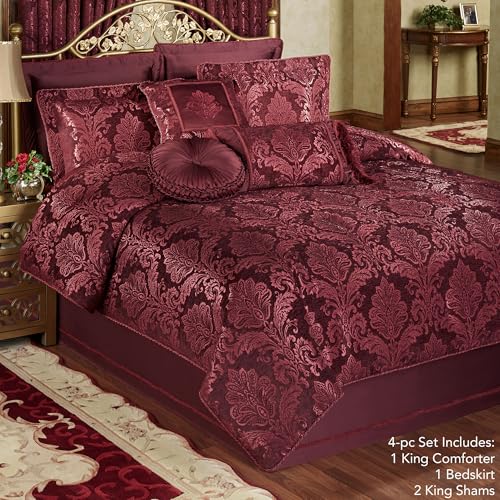 Touch of Class Camelot Luxury Bedding | Robust Burgundy | Matte Satin Damask on Richly Textured Jacquard-Woven Chenille Design | 4 Piece Set Includes King Comforter, Bedskirt, and 2 King Shams Touch of Class