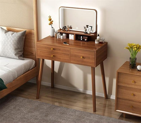 Wooden Vanity Desk, 31.5'' /W Makeup Vanity Table with Mirror, Adjustable 3 Light Modes Vanity Set for Bedroom (Color : Brown, Size : Led Light Mirror) WKSPOO