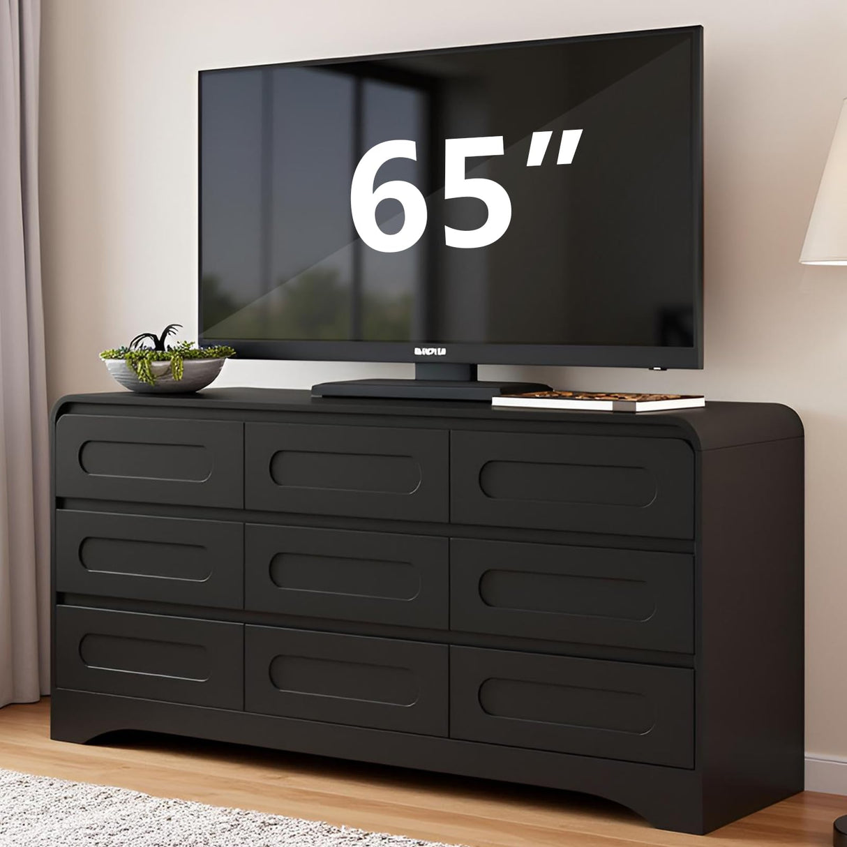 Dresser for Bedroom with 9 Drawers, 63" Large Modern Dressers & Chest of Drawers with Curved Profile Design, Wood Closet Clothes Storage Long Dressers Organizer for Bedroom Living Room Hallway, Black SOLACE FURNITURE