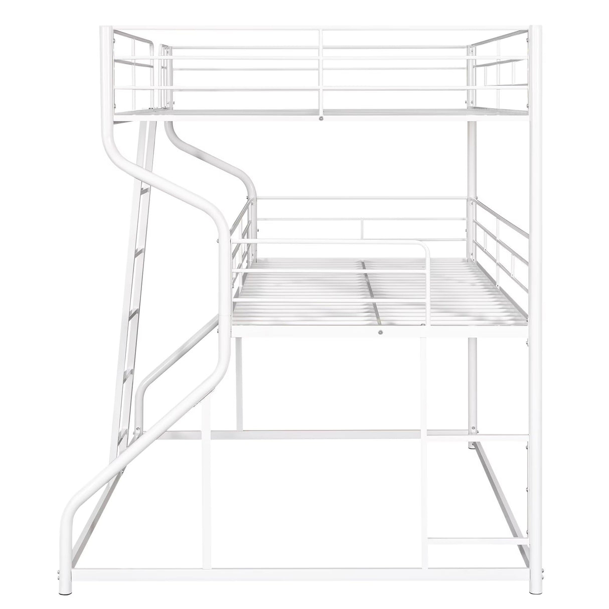 JIJIWANG Full XL Over Twin XL Over Queen Size Triple Bunk Bed with Long and Short Ladder, Unique Curved Metal Frame with Safety Guardrail, Industrial Style Triple Bunk Bed Frame, White JIJIWANG