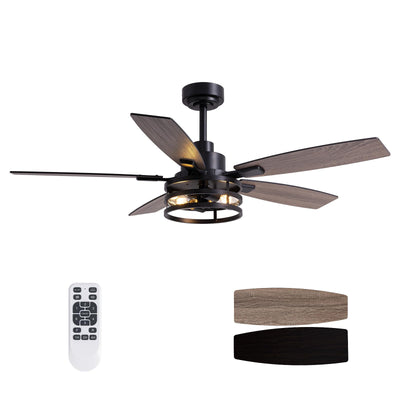 52 Inch Ceiling Fans with Lights and Remote Control, Farmhouse Ceiling Fan for Bedroom Living Room and Patio, Black Caged Ceiling Fan for Indoor and Outdoor
