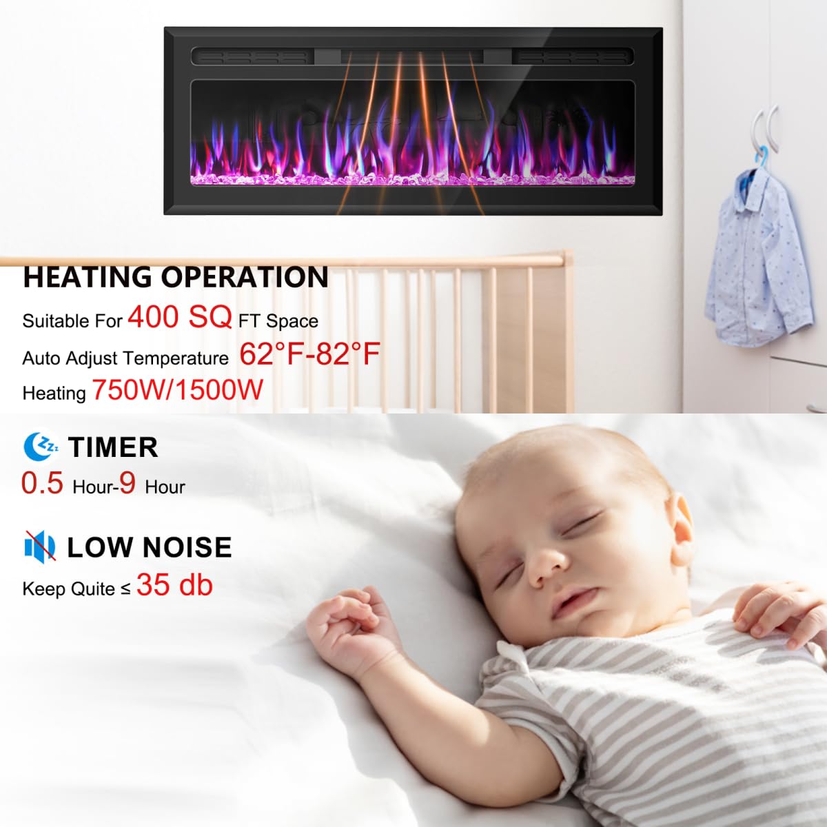 Hocookeper 60 inch Electric Fireplace, Wall Mounted and Recessed Fireplace Linear Fireplace Insert with Remote Control, Adjustable Flame Colors, Timer,750w/1500w, Black Hocookeper