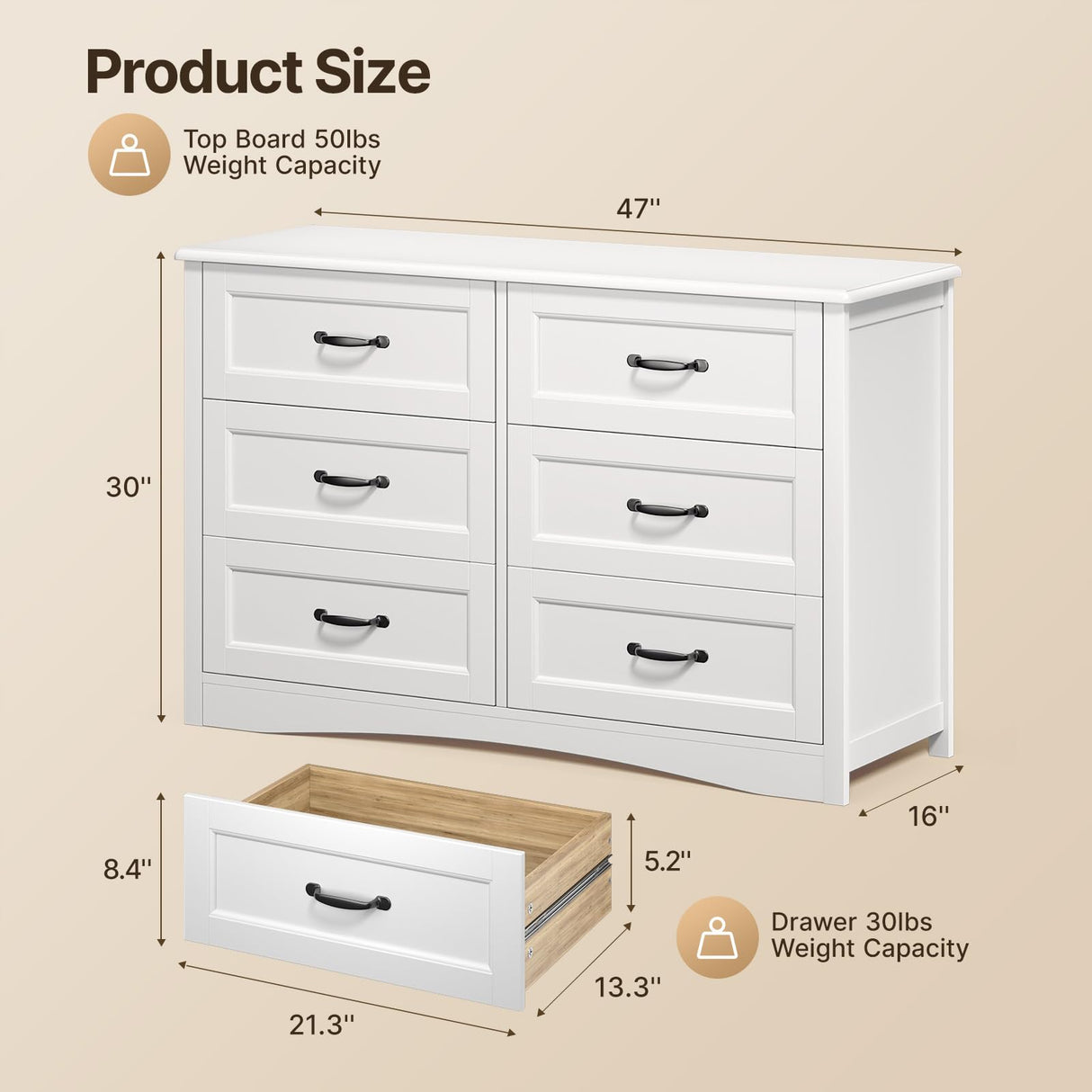 Gizoon 6 Drawer Dresser for Bedroom，47'' Larger Chest of Drawers with Mental Handle for Kids Room, White Dresser with 6 Storage Drawers for Living Room, Entryway and Hallway, White Gizoon
