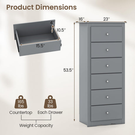 Giantex 6-Drawer Dresser for Bedroom, Wooden Chest of Drawers w/Metal Handles & Large Capacity, 16" D x 23" W x 53.5" H Clothes Organizer, Modern Tall Dresser for Bedroom, Entryway, Living Room Giantex