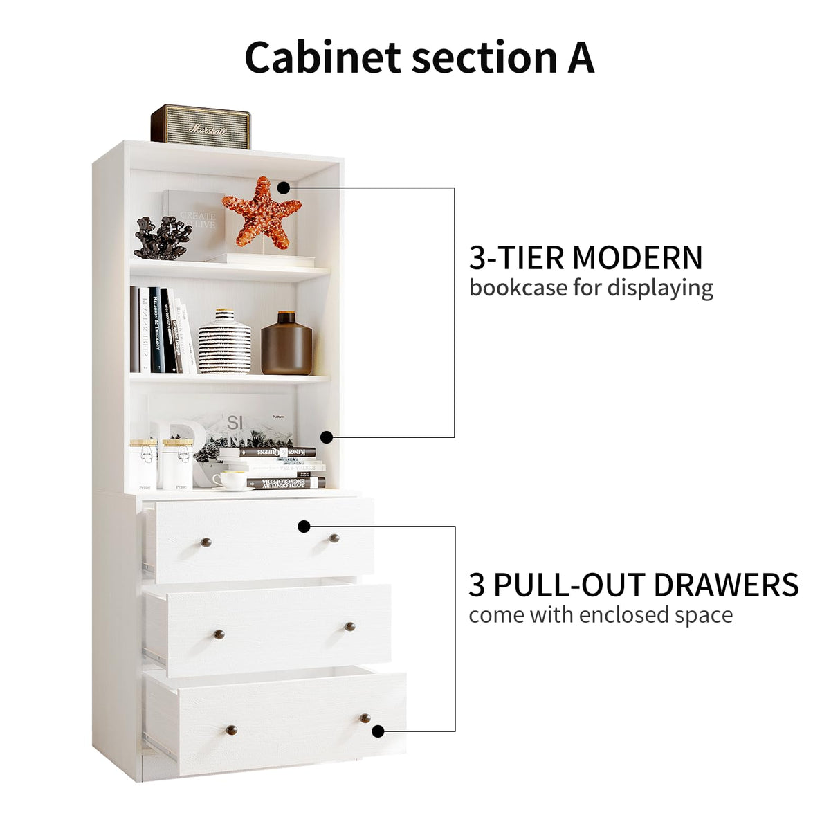 VOWNER Vertical File Cabinet, 3-Tier Modern Bookshelf with 3 Large Drawer, Wood Filing Cabinet with Open Storage Shelf, Glass Doors and Adjustable Shelves for Home Office, White (A) VOWNER