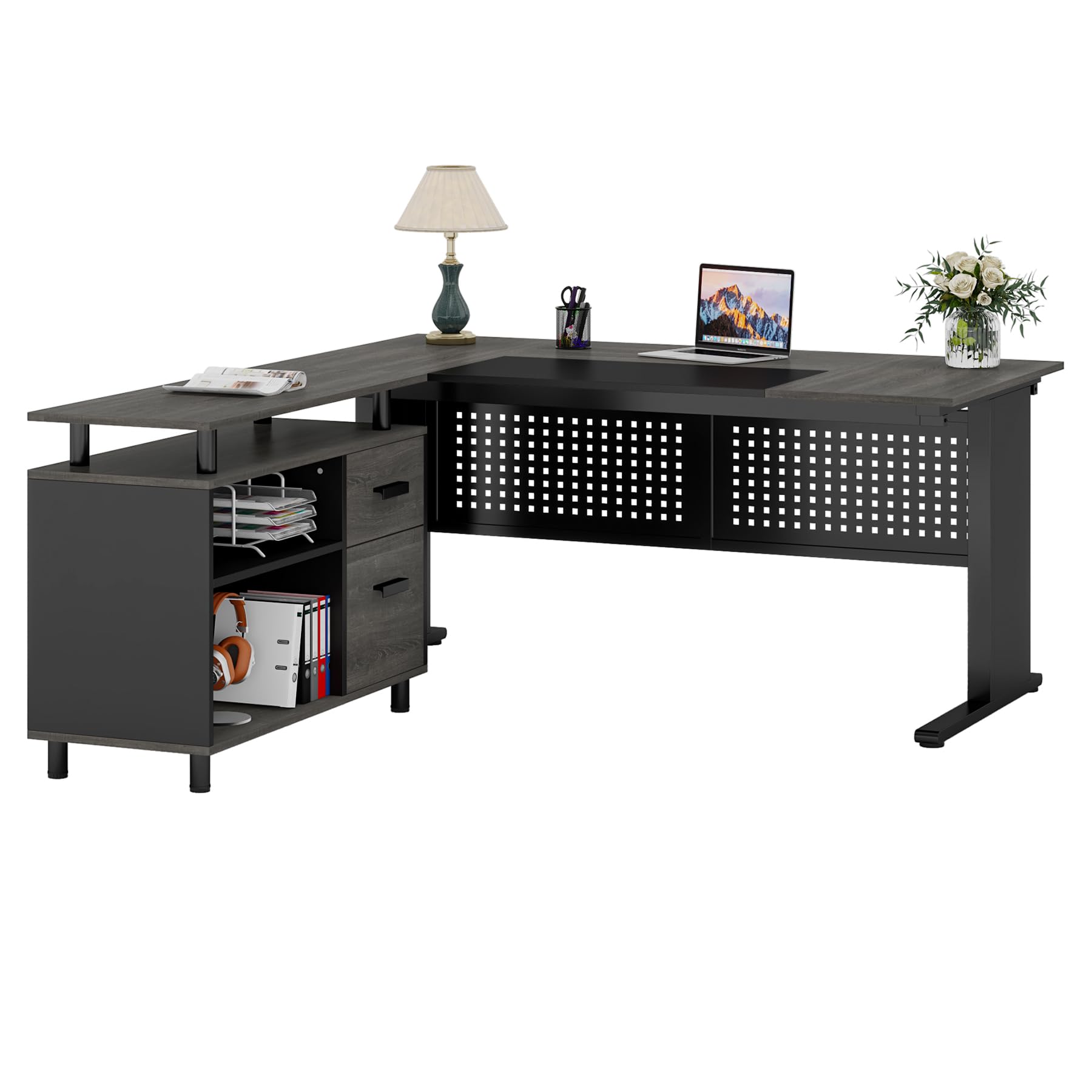 Tribesigns 63 Inch Executive Desk with File Cabinet, Large Office Desk L Shaped Computer Desk with Drawers and Storage Shelves, Business Furniture Desk Workstation for Home Office, Gray and B - WoodArtSupply