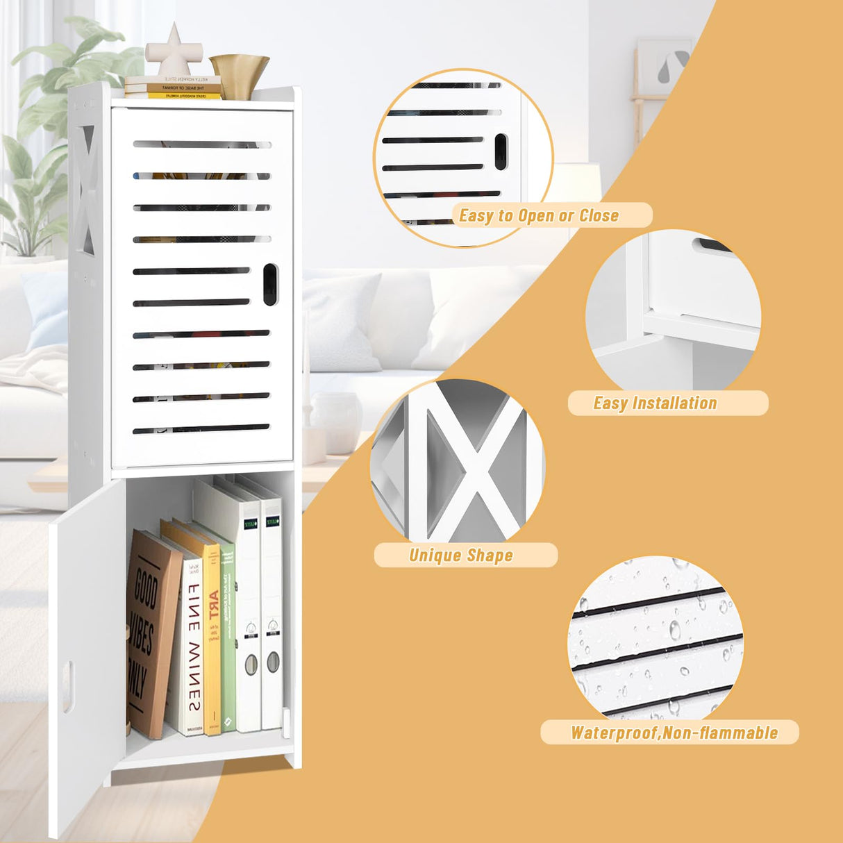 MOBPMO Bathroom Floor Cabinet Freestanding Double Door 3-Tier Side Storage Organizer Cabinet Unit, Multipurpose Waterproof Small Storage Cabinet for Bathroom, Bedroom, Office, White MOBPMO
