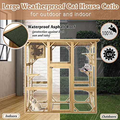 MAGIC UNION Large Fir Wooden Outdoor Indoor Catio Cat Enclosure with Weather Protection Roof with Cattery and 5 Platforms - WoodArtSupply