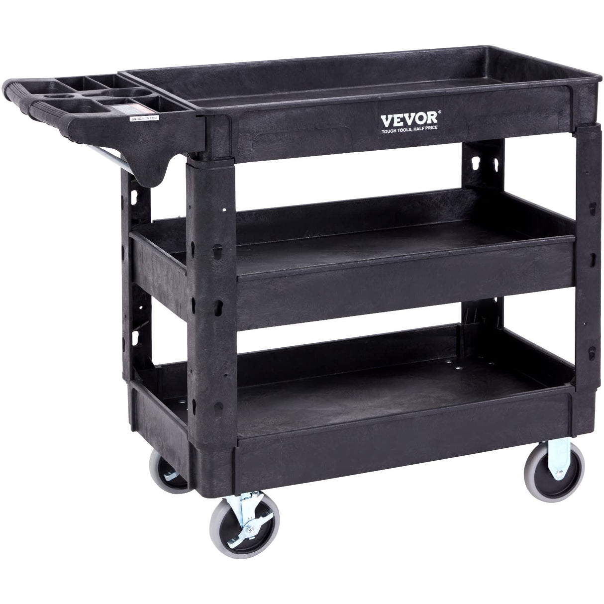 VEVOR Utility Service Cart,Heavy Duty 3 Shelf 550LBS Plastic Rolling Utility Cart with 360° Swivel Wheels (2 with Brakes), Medium Lipped Shelf, Ergonomic Storage Handle for Warehouse/Garage/Cleaning VEVOR