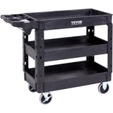 VEVOR Utility Service Cart,Heavy Duty 3 Shelf 550LBS Plastic Rolling Utility Cart with 360° Swivel Wheels (2 with Brakes), Medium Lipped Shelf, Ergonomic Storage Handle for Warehouse/Garage/Cleaning VEVOR