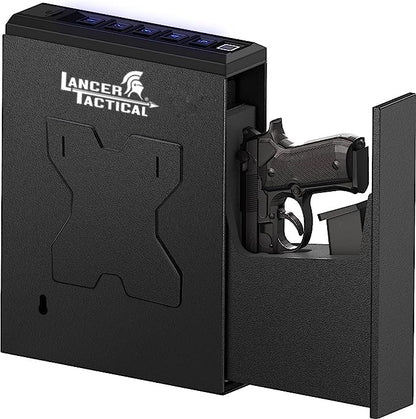 Lancer Tactical Biometric Slider Handgun Gun Safe for Pistols Nightstand, Desk, Bed Side,Truck-Quick-Access Firearm Safety Device with Fingerprint Lock or Key Pad, PIN Code, and KEY Access