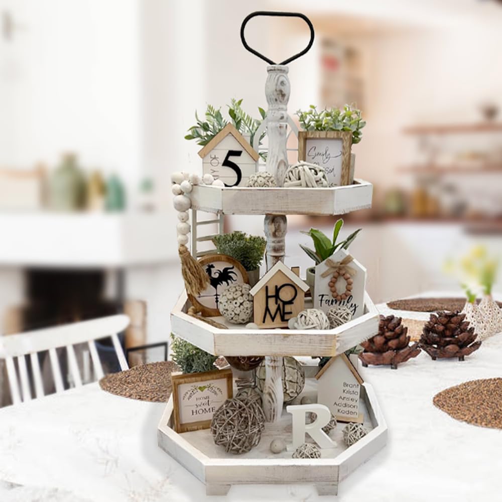 3 Tiered Serving Tray Wooden Farmhouse Decorative Tray, 3 Tier Tray for The Coffee Table, Kitchen Rustic Dinning Tiered Tray, Home Decor Tray, Three Tier Tray Cupcake Stand Display Tray MRPAPA