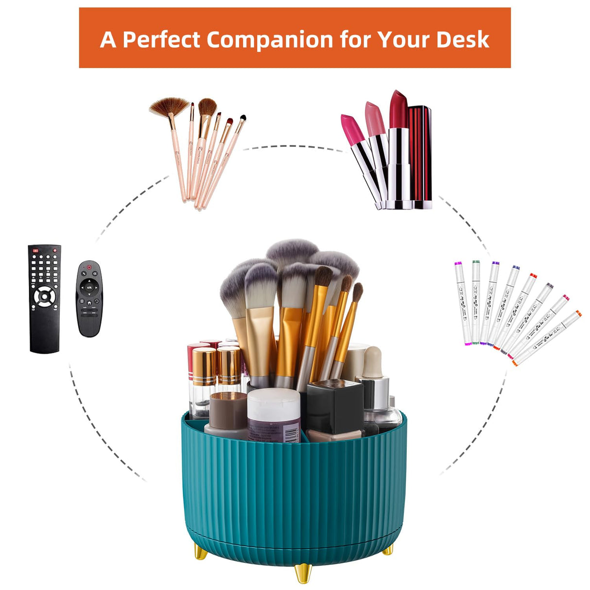 Marbrasse Desk Organizer, 360-Degree Rotating Pen Holder for Desk, Desk Organizers and Accessories with 5 Compartments Pencil Organizer, Art Supply Storage Box Caddy for Office, Home（Green） Marbrasse