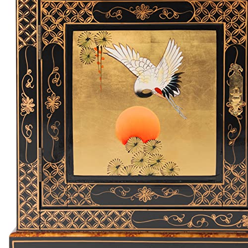 Red Lantern Artisan Crafted Lacquer Curio Cabinet - Gold Leaf with Hand Painted Cranes, Two Door