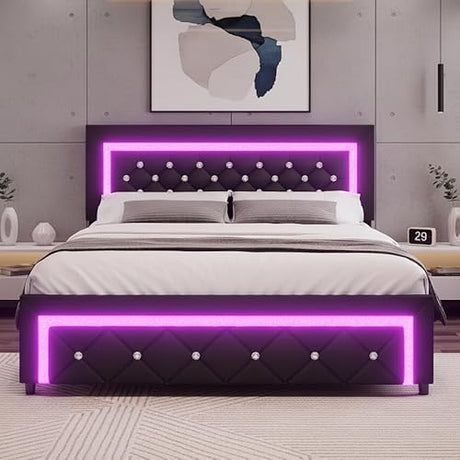 BarnFurin Queen Size Bed Frame with LED Lights, Upholstered Platform Bed with Diamond Tufted Headboard, No Box Spring Needed, Noise Free, Easy Assembly, Black BarnFurin